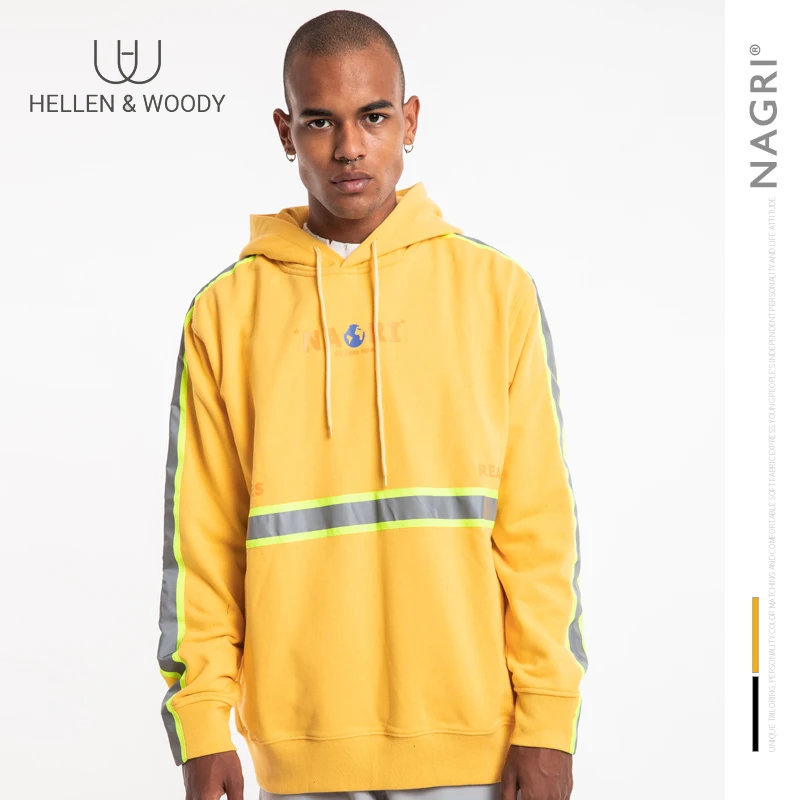 

HW Europe and America Autumn and Winter New Men's Splicing Reflective Strip String Hooded Loose Couple Men's Hoodies