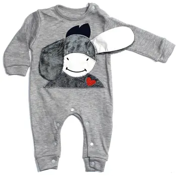 

Winter Baby Boys Girls Romper Cotton Long Sleeve Cartoon Eared Donkey Embroidered Gray Jumpsuit Infant Clothing Autumn Newborn