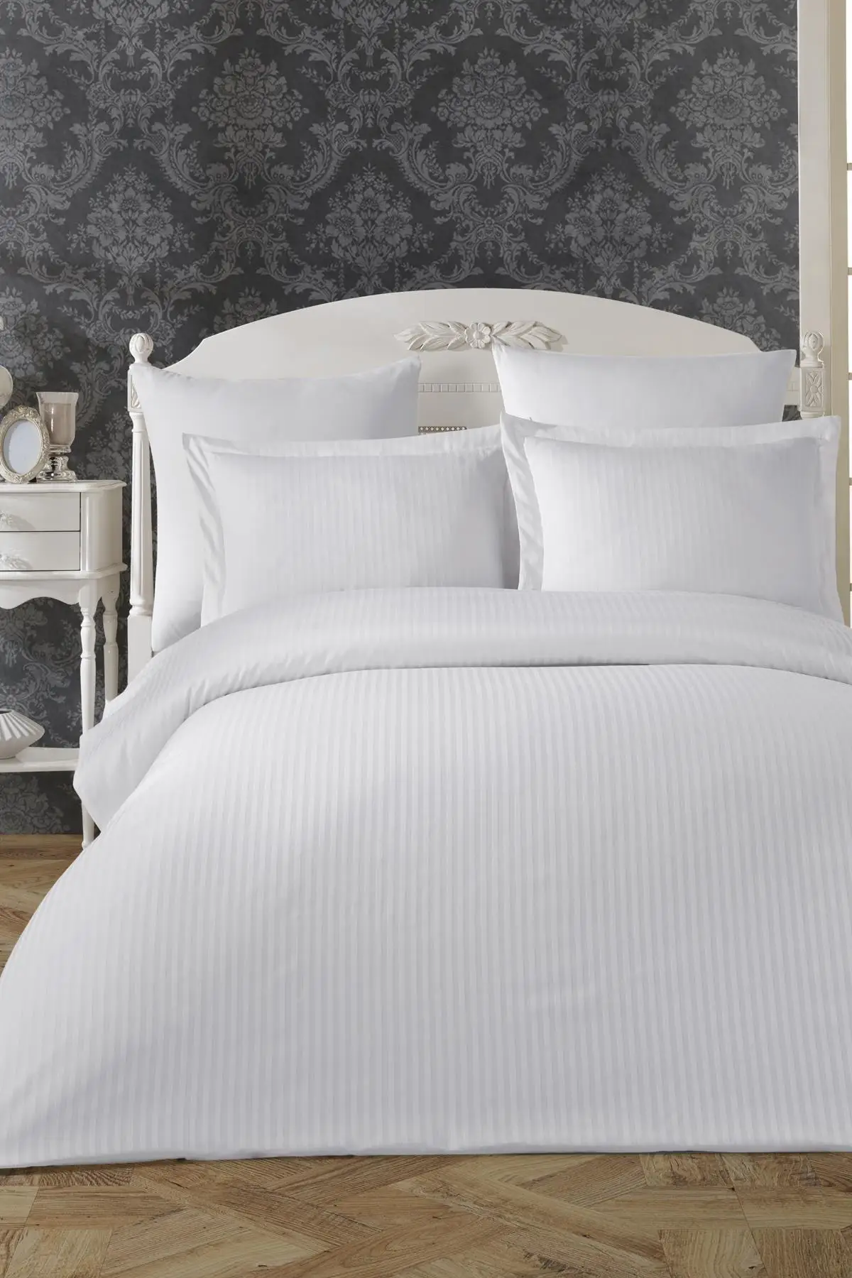 

Striped Satin Bedding Set | Luxury Satin Bed Linen Set 6 pcs Duvet Cover Set from Turkey | White
