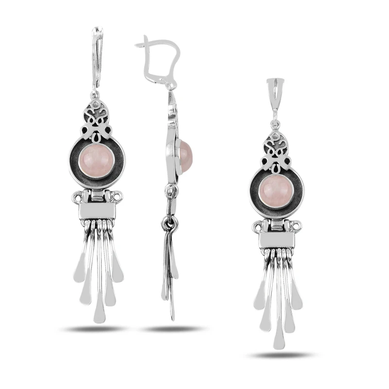 

Silver 925 Sterling Pink Quartz Stone Handwork Set