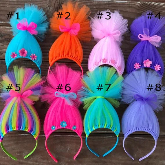 Diadema de troles para niños, accesorios para el cabello para fiesta de cumpleaños, princesa arcoíris, diadema de tul para el pelo de trol, disfraz de Halloween, 1 unidad