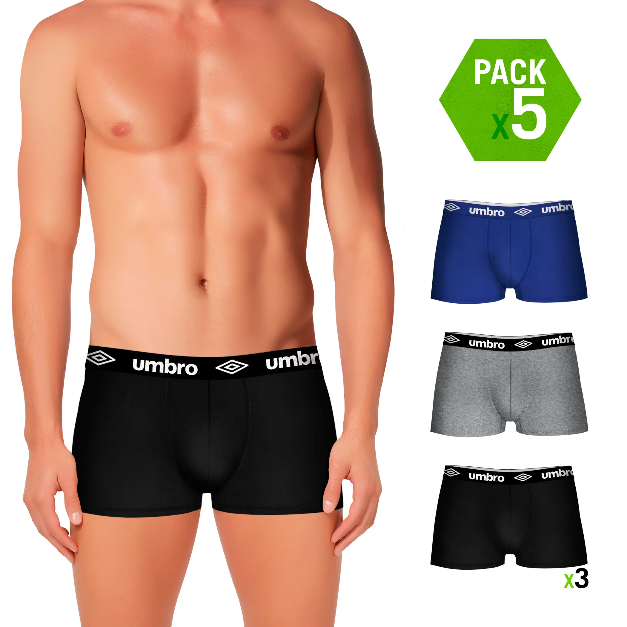 UMBRO боксеры, 5 шт. в упаковке, цвет черный, синий и серый для мужчин