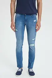 DeFacto Для мужчин Повседневное джинсы светло-голубого цвета с эффектом потертости, рваные длинные узкие брюки повседневные мужские штаны из