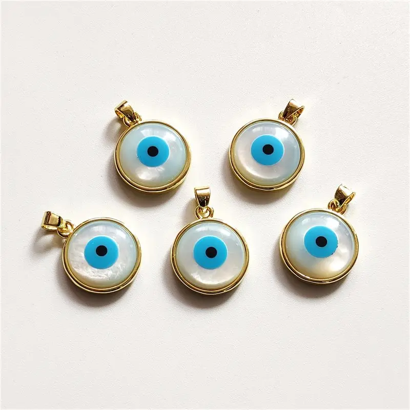 FUWO 15mm Roud White Shell Pendant,18K Gold Plated Blue Evil Eye Gift Necklace Accessories For Jewelry Making PD613 5Pcs/Lot