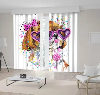 

Curtain Cute Dog with Heart Shaped Sunglasses Bowknot and Candy Puppy Pet Watercolor Art Pink Brown