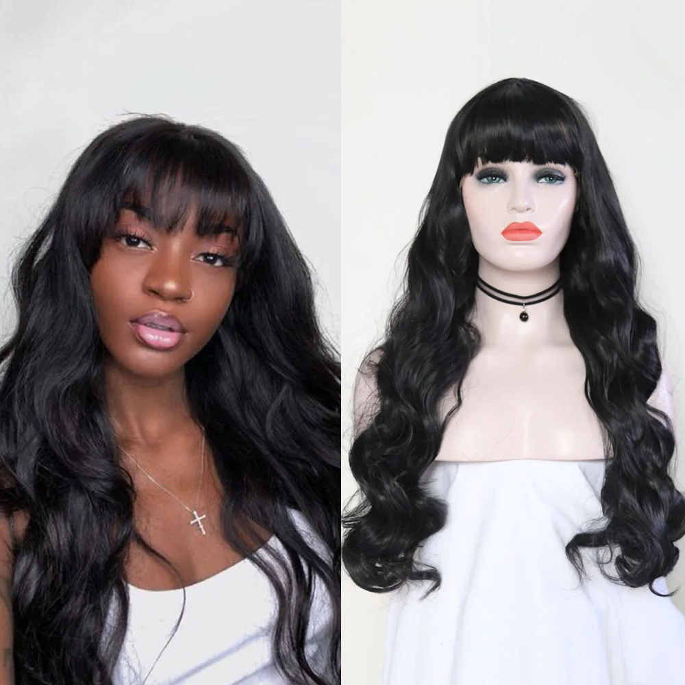 QUINLUX WIGS Black Wavy Wigs With Bangs For Black Women Daily Use Pre