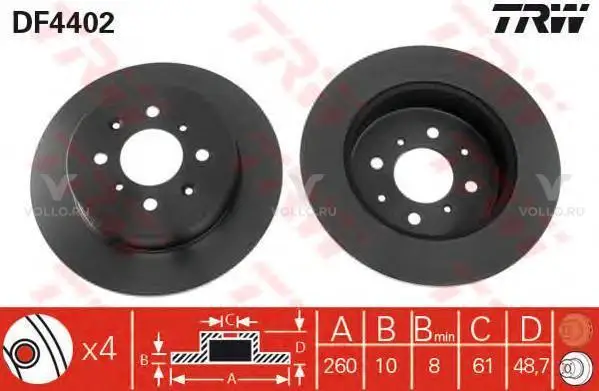TRW DF4402 Диск тормозной задн HONDA: CIVIC VI Hatchback 01-05, MG: MG ZR 01-, MG ZS 01-, MG ZS Hatchback 01
