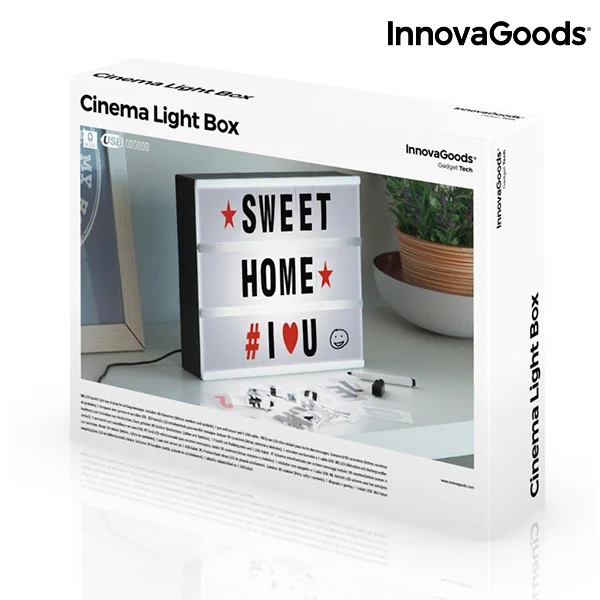 Baratos Innovagoods Lampara LED Pila Decorativa Pantalla de Cinema Casera LightBox Blanco Recoratorio Tamaño A4 con 90 Letras Llaveros DIY Mini Lamp Luz Nocturna USB Decoración Lampara de Noche Hogar Navidad Halloween 2019