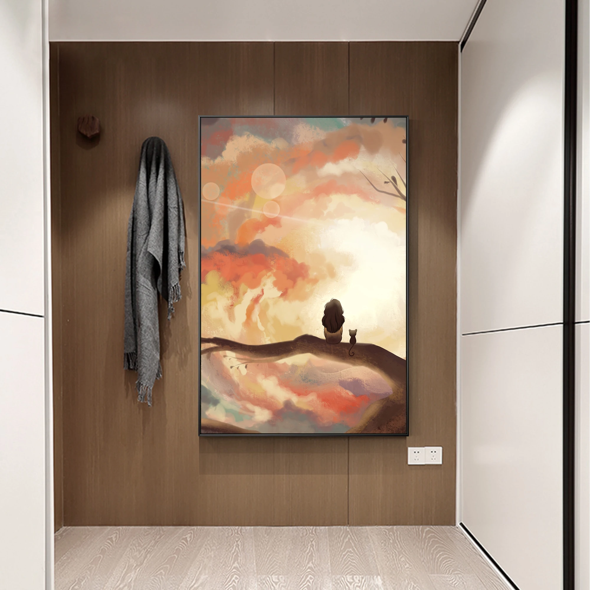 

Cartoon Abstract Orange Sunset people stands on tree Hand Painting Canvas Texture oil painting acrylic large wall art picture