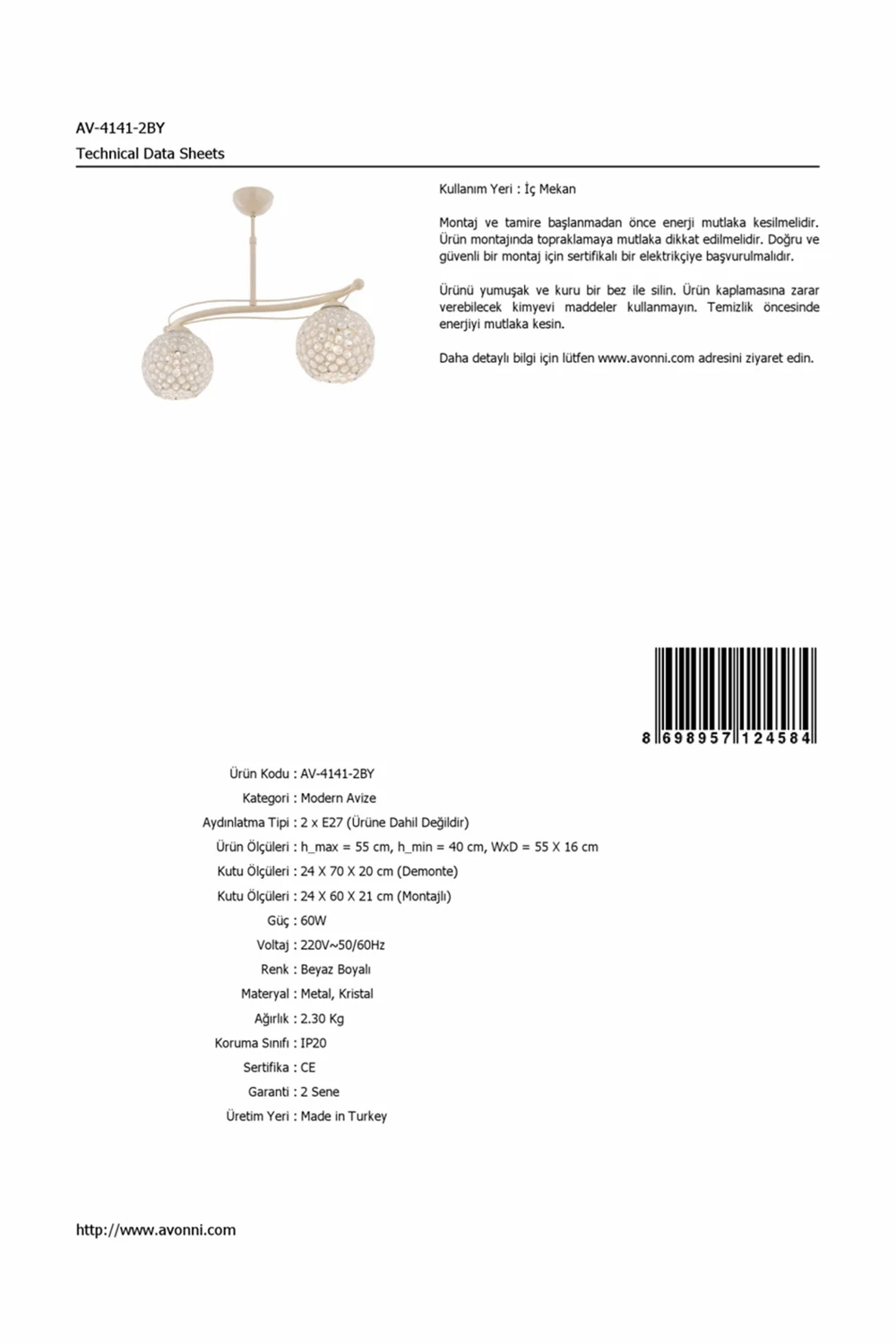 AVONNI AV-4141-2BY белая окрашенная классическая люстра, E27, Meta