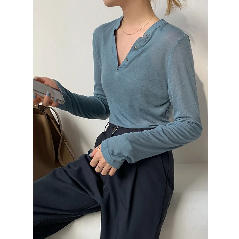 

Women Henley Collar Shirt V Neck Lyocell Wool Blended Spring Summer Tops S
