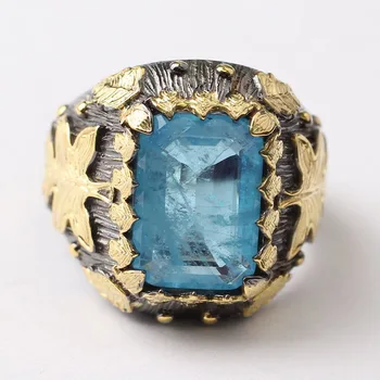 

Blue Aquamarine Mans Handmade 925 Silver Ring,Handmade 18K Gold Leaf Pattern Rectangular Shaped Light Blue
