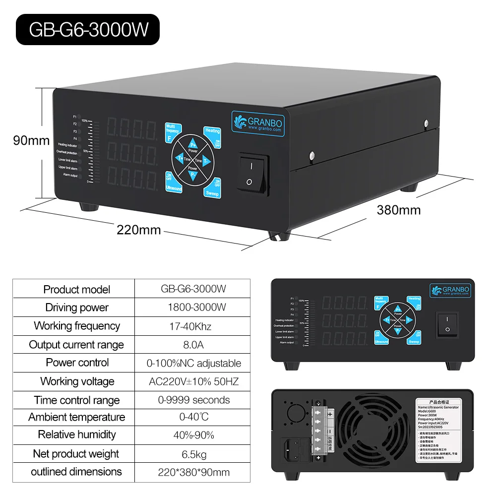Granbosonic New Full Digital Ultrasonic Generator Multi-Frequency 600~3000W Ultrasonic Transducer Driver 25/28/40/80/120kHz 6