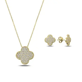 

Angemiel 925 Sterling Silver Zircon Clover Set-Gold Plated