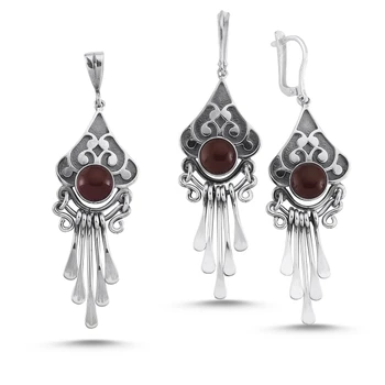 

Silver 925 Sterling Red Agate Stone Handwork Set