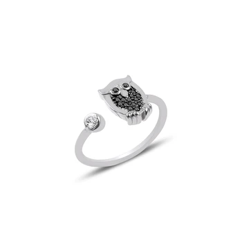 

Silver 925 Sterling Black Zircon Stone Adjustable Tall Owl Ring