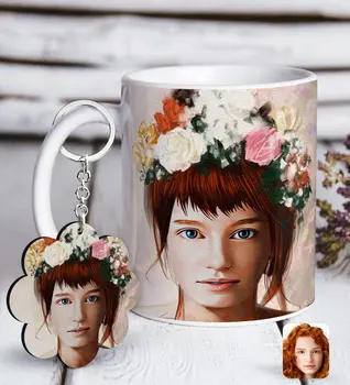 

Personalized Women 'S Artistic Portrait Design White Mug and Keychain Gift Seti-12