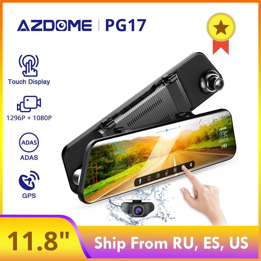 

AZDOME PG17 12" Mirror dvr Streaming Media Full-Screen Touching Car DVR ADAS Dual Lens Night Vision 1296P Front 1080P Backup