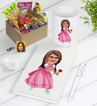 

Personalized Female Child Princess Caricature Of Nostalgic Lezzetler Notebook Pen Mug Gift Seti-2