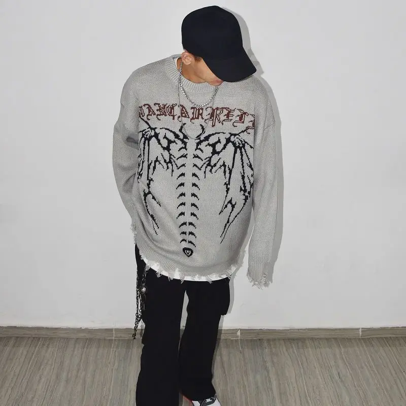 Bat Pullovers Skeleton Sweater Knitted Vintage Torn Essentials Men's Clothing Oversized Skull Jumper Women's Harajuku Gothic