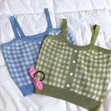 Simple Tops Camis Buttons Club Spaghetti Knitting Plaid HELIAR Sexy Women Solid Ladies