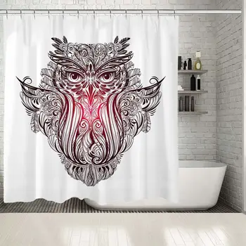 

Shower Curtain Owl Portrait Floral Lines Mandala Spiritual Symbols Ethnic Pattern Ornamental Artwork Red Black White