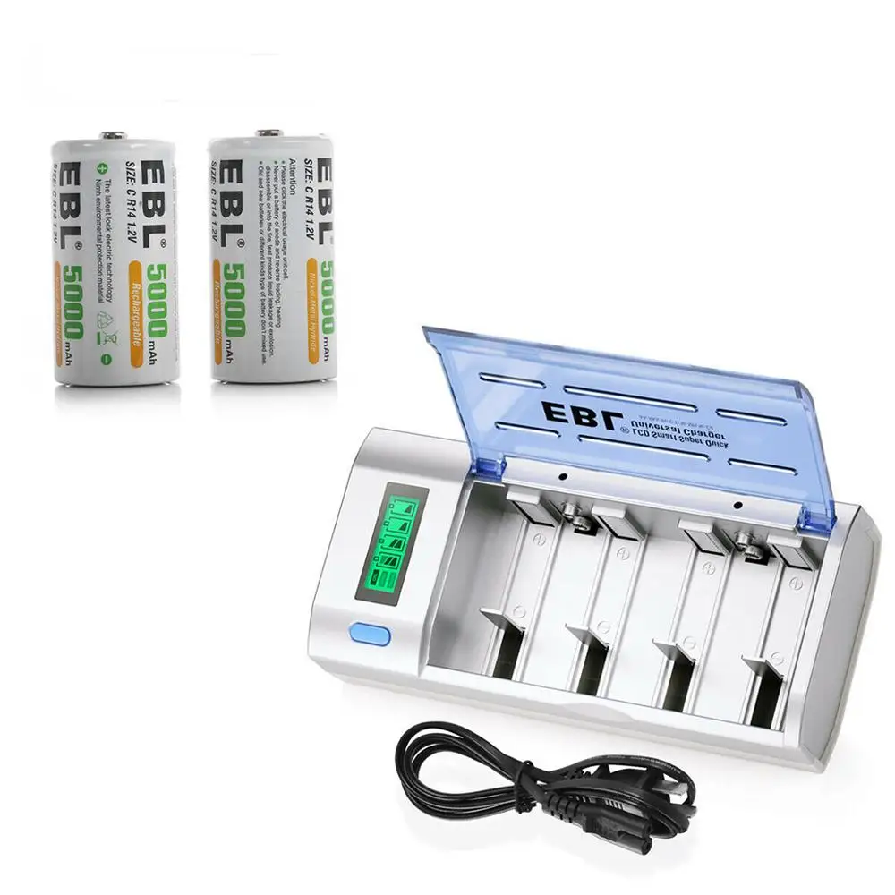 Battery Charger With LCD Screen 4 Ni-MH Size C 5000mAh Rechargable Batteries 