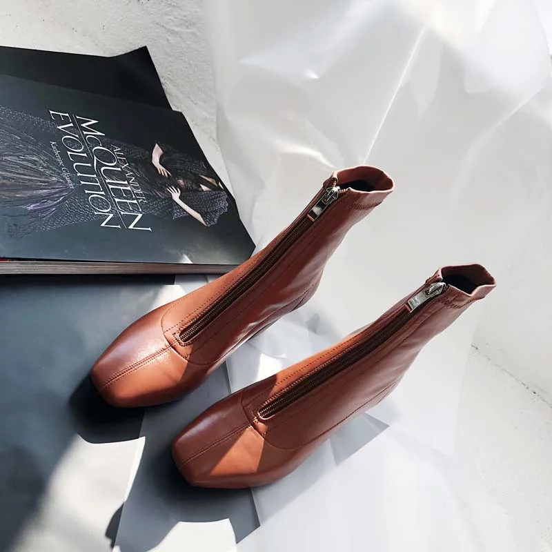BHS/9011191 шикарные эластичные Кожаные стильные женские ботинки с квадратным носком на молнии спереди и массивном каблуке 6 см из свиной кожи с плюшевой подкладкой