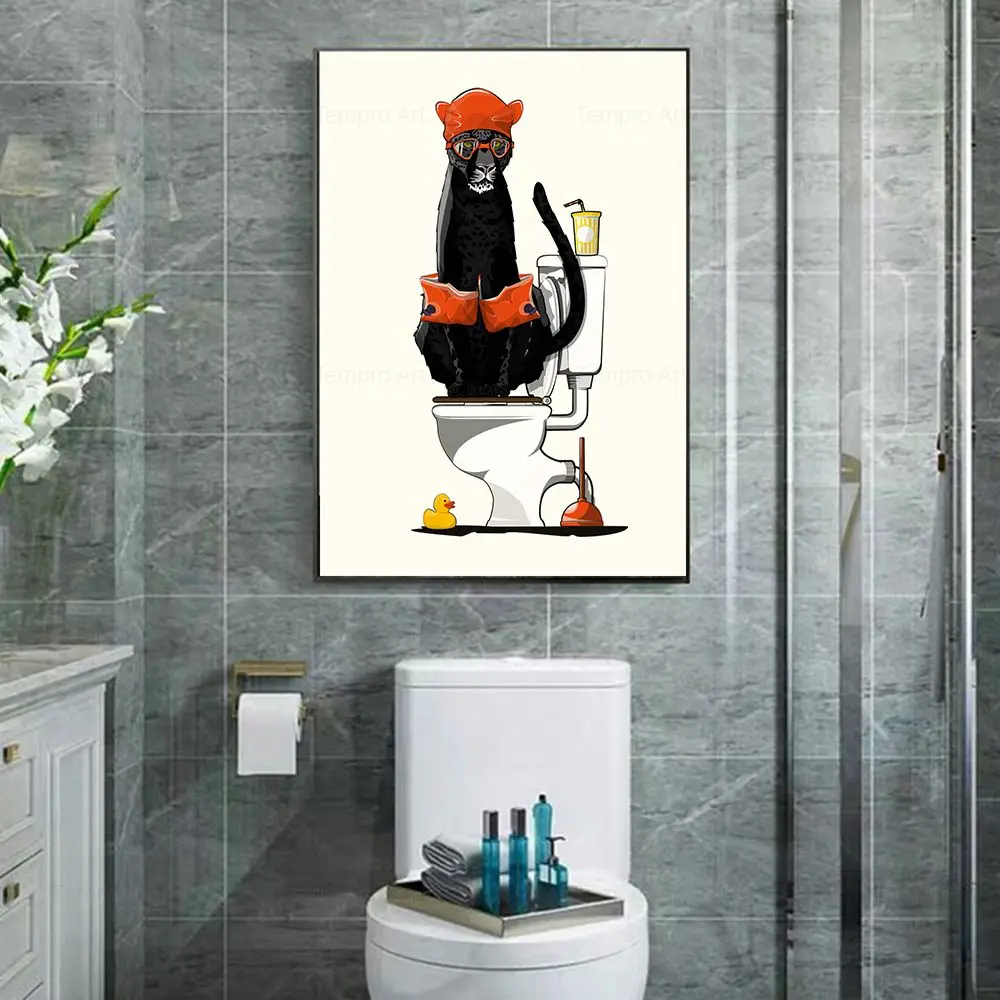 Jungle Animal in the Bathroom Poster Print Monkey on Toilet Panda Bath Canvas Painting Wall Art Pictures Toilet Bathroom Decor