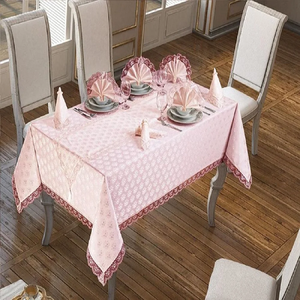 

18 pcs Luxurious Table Cloth Set Made in Turkey BERRY Embroideried Lace Tablecloths Table Runners Ring Dinner Napkin Pink