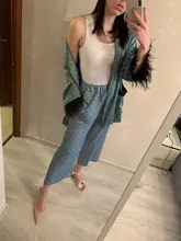 Chaqueta Kimono con estampado azul para mujer, trajes con mangas de plumas, pantalones de pierna ancha, ropa Vintage de dos piezas, novedad de 2021