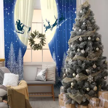 

Pine Trees Snowy Christmas Night Sky Full Moon Stars Santa Claus Flying on His Sleigh with Reindeers Art White Blue curtain