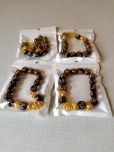 Feng Shui-pulsera de cuentas de piedra obsidiana Unisex, brazalete de oro negro, Pixiu, riqueza, buena suerte