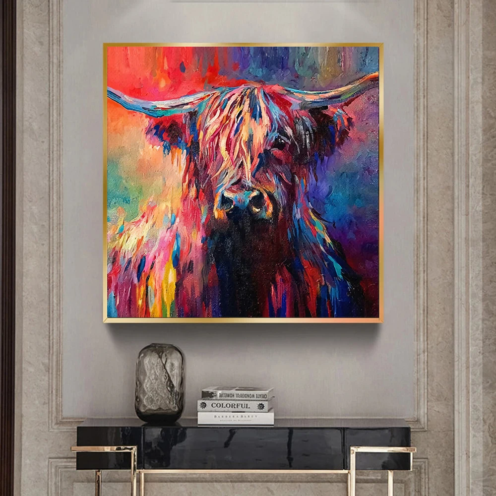 Абстрактный Рисунок акварелью Highland Cow настенная Картина на холсте яка плакат