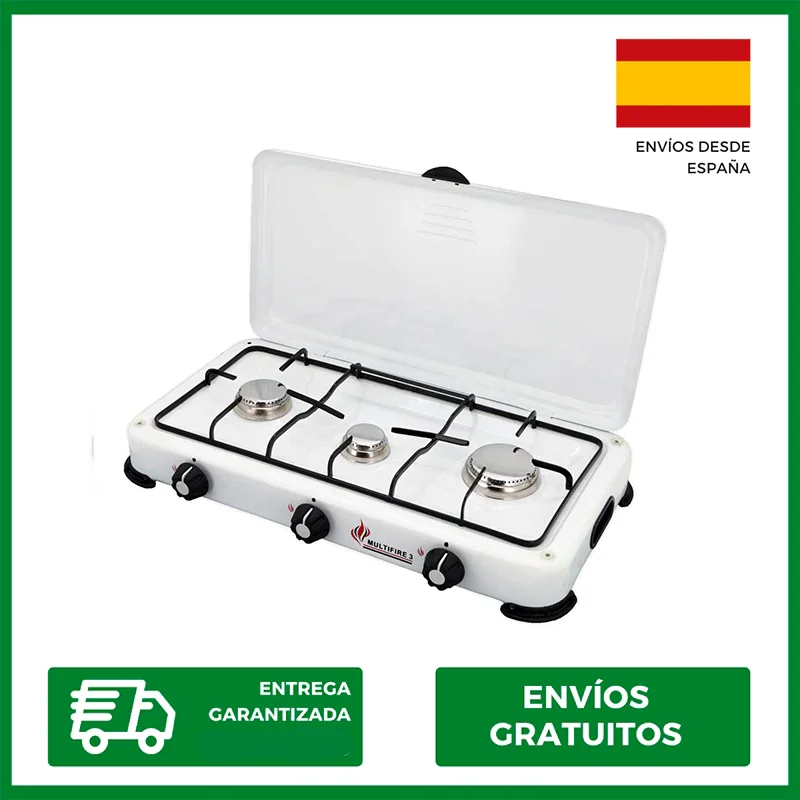 Cocina Gas Portátil Camping, 3 Quemadores, Rejilla Esmaltada, Tapa  Protectora, Normativa G30-37 mbar, MPM, Negro, , KN-03/1KB