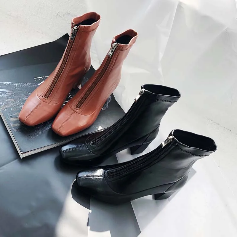 BHS/9011191 шикарные эластичные Кожаные стильные женские ботинки с квадратным носком на молнии спереди и массивном каблуке 6 см из свиной кожи с плюшевой подкладкой