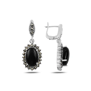 

KUTAYDAN Marcasite & Onyx Stone Dangle Earrings 925 Sterling Silver