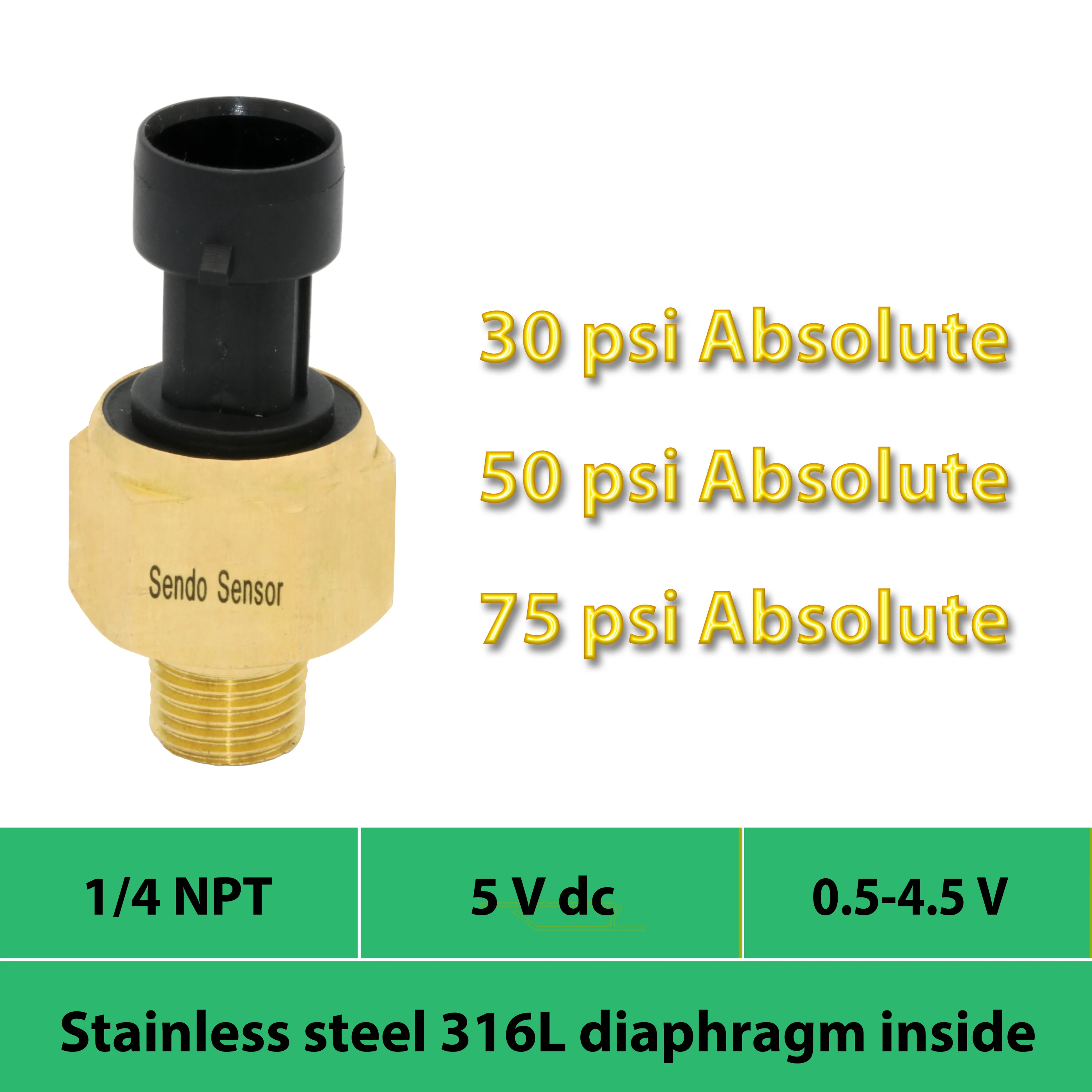 Датчик давления, 30psi, 75psi, 50 psi абсолютный, 0,5 4,5 V сигнал, 5Vdc питание, диафрагма AISI 316L, 1 4 NPT резьба