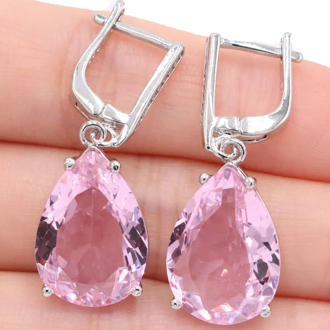 

35x13mm SheCrown 18x13mm Water Drop Shape Pink Kunzite White CZ Gift For Girls 925 Silver Earrings