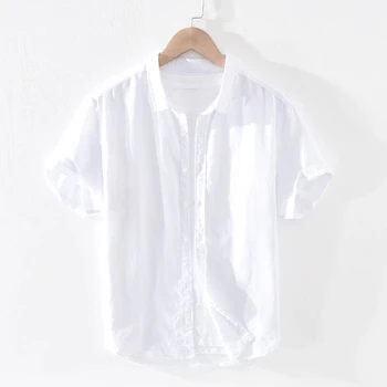 

Summer cotton linen short-sleeved shirt men's casual fashion pink classic lapel