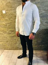 Camisa de lino de algodón con botones para hombre, Camisa ajustada de manga larga para Fitness, informal, Color puro, moda novedosa, 2019