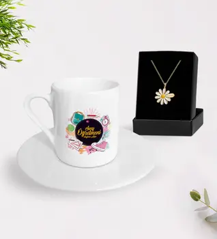 

Personalized Class Teacher Turkish coffee Cup and Is Daisy Necklace Gift Seti-15