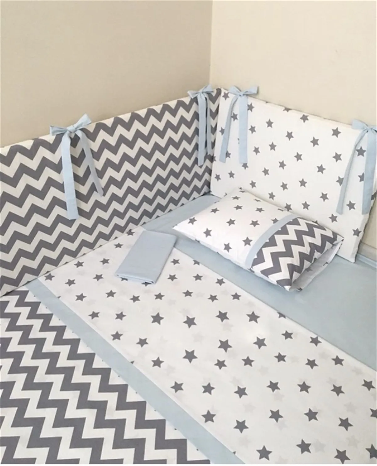 Jaju Baby Housse De Couette Pour Bebe Ensemble De Housse De Couette Et De Protection Des Bords Drap De Lit Pour Bebe Fait A La Main Gris Zigzag Bleu Aliexpress