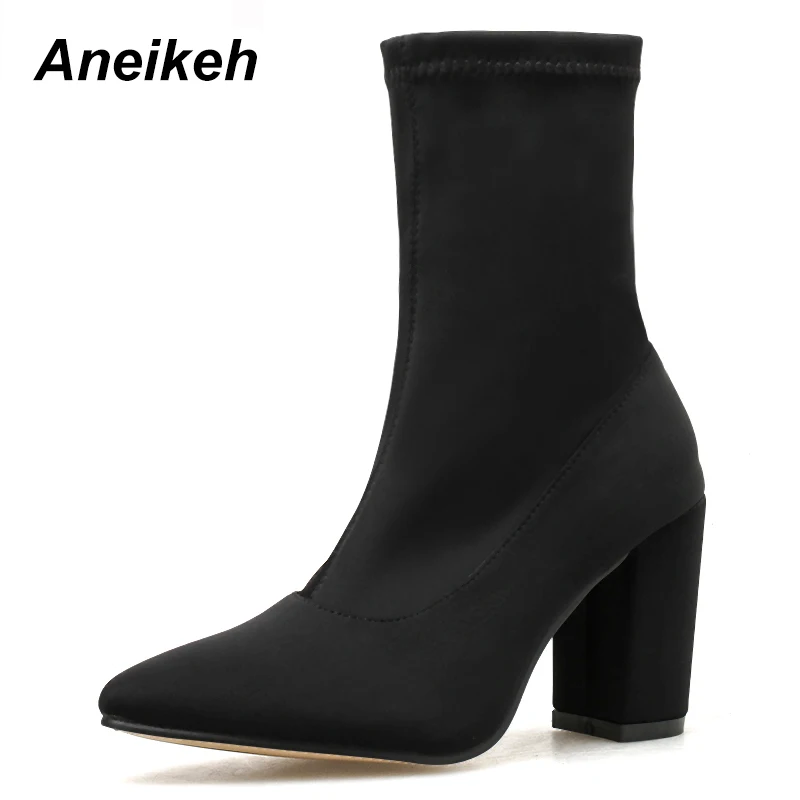 Aneikeh/пикантные женские ботинки эластичные ботильоны с острым носком обувь на высоком толстом каблуке женские носки г. Весна