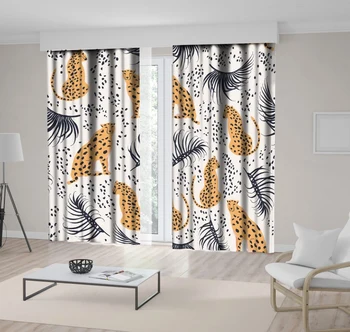 

Curtain Cheetah with Palm Leaves Tropical Jungles Wild with Animals Exotic Summer Nature Art Yellow Black White