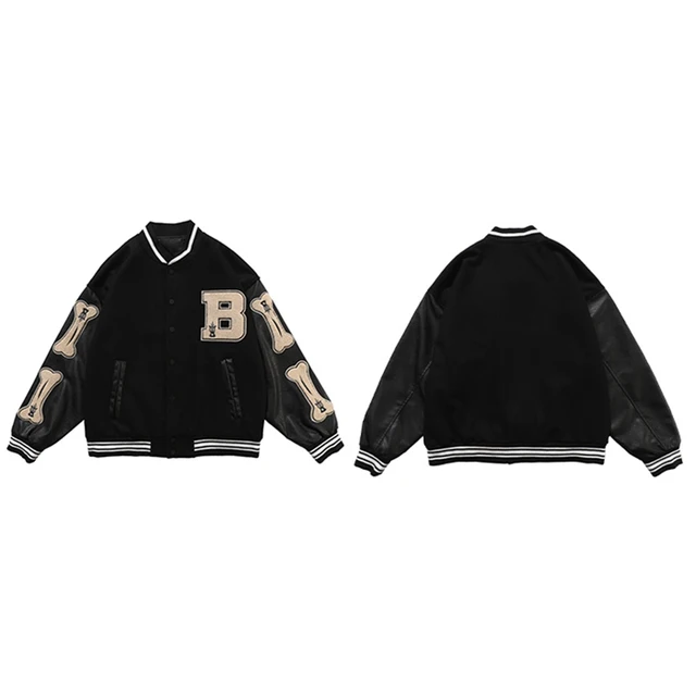 Varsity Baseball Bomber Jacket Women Hip Hop Harajuku Bone Letter Patchwork Leather Jackets Streetwear Men Unisex College Coats black