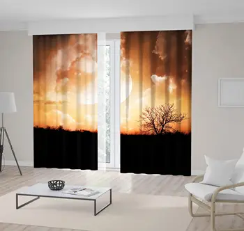 

Curtain Moon Cloudy Sky Tree Wild Nature under Moonlight Magical Autumn Night View Printed Brown Black
