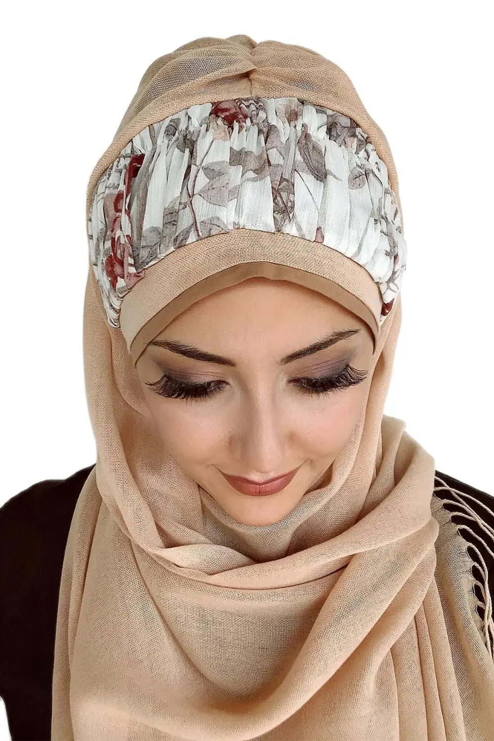 Yeni Moda Başörtüsü Kadın Müslüman Başörtüsü 2021 İslami Türban Eşarp Şapka Fular Açık Sütlü Kahve Prenses Model Hazır Şal