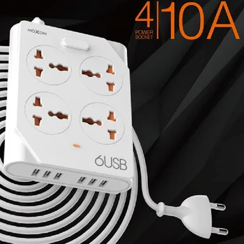 

MOXOM STRIP universal ADAPTER PLUGS DE 4 SOCKETS EU UK AND 6 USB FAST CHARGE, SPD PROTECTION SURGE 2500 W/10A