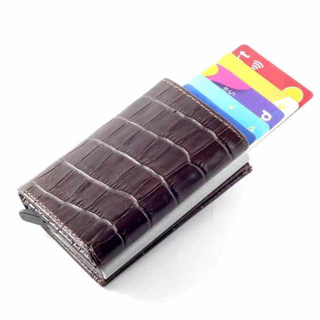 Smart Wallet Business Card Holder Real Cow Leather Handmade Smart Automatic Card Holder Men Gift Croco Coffee